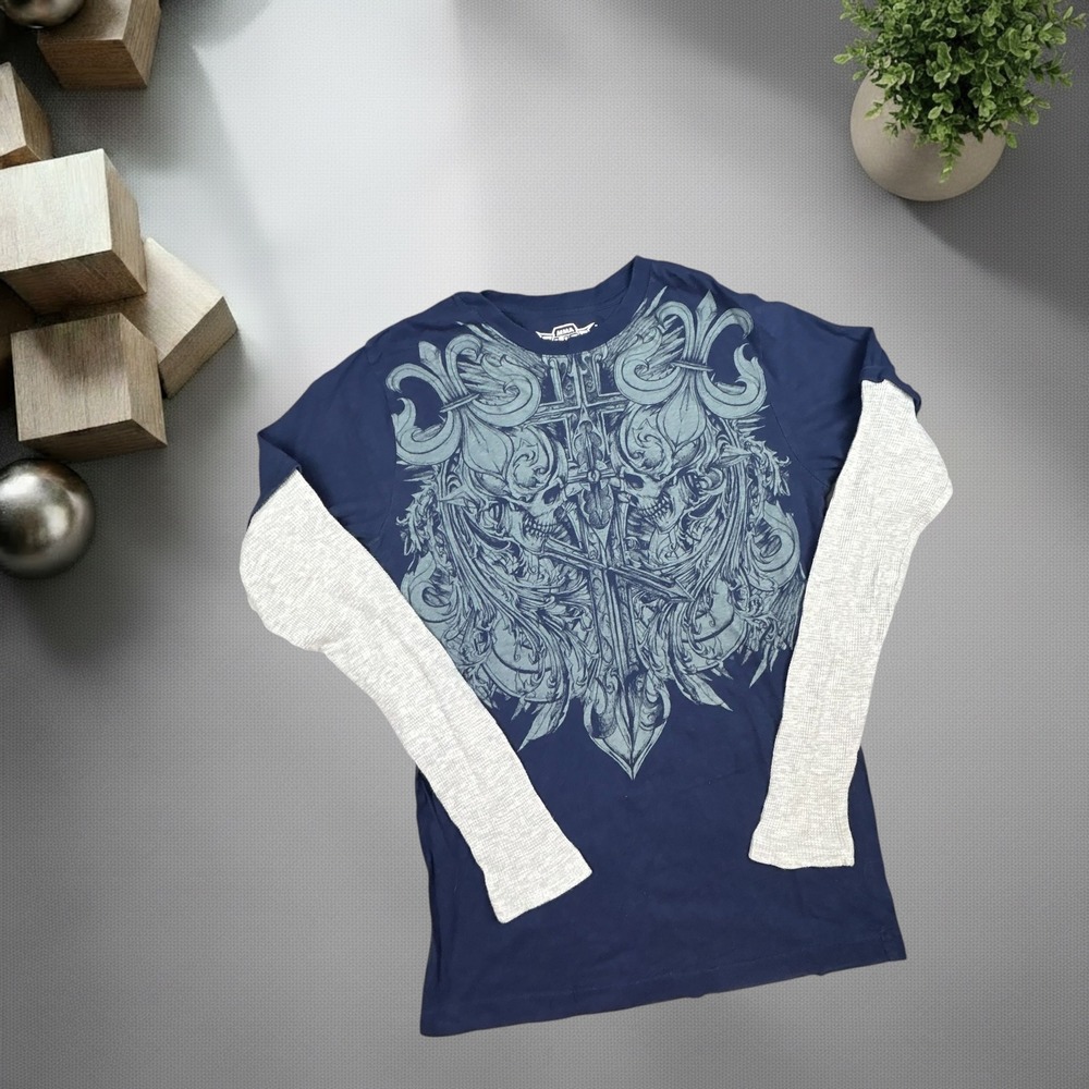 MMA Elite Vintage Y2K Skull Graphic Layered Long Sleeve Shirt Navy Blue Mens